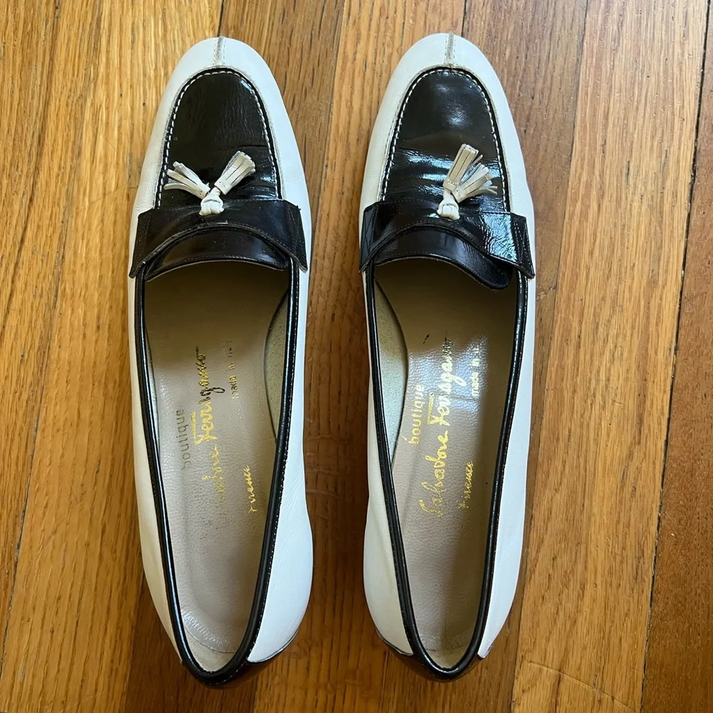 Ferragamo Tassel Loafers, Black & White Flats